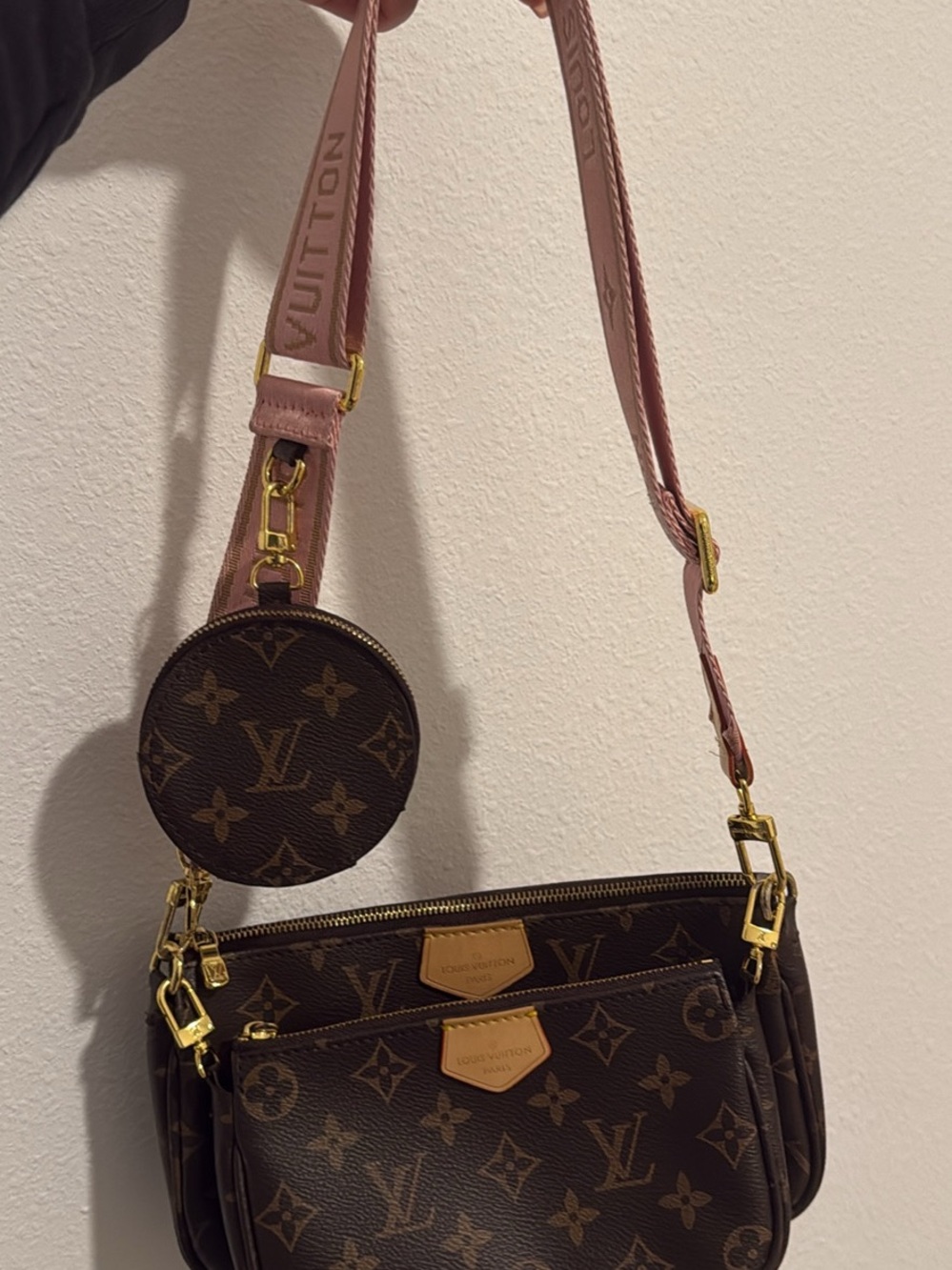 Louis Vuitton Brown Monogram Crossbody Bag with Pink Strap